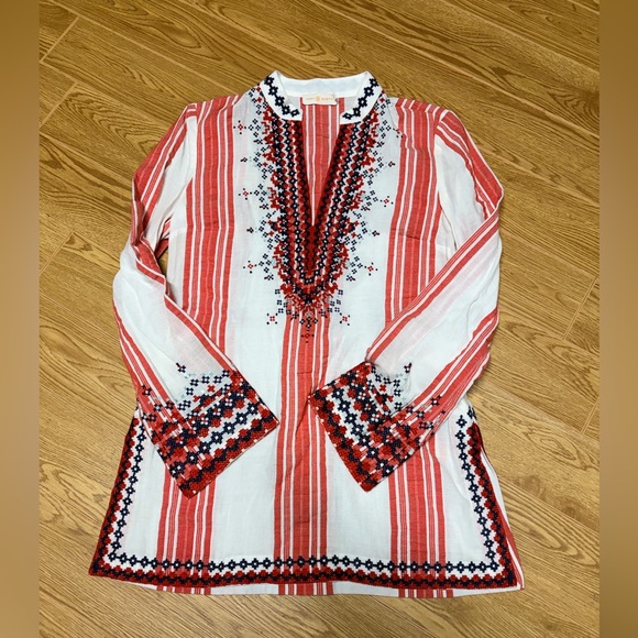 Tory Burch Tops - Tory Burch Red White Embroidered Boho Tunic Top Size 4